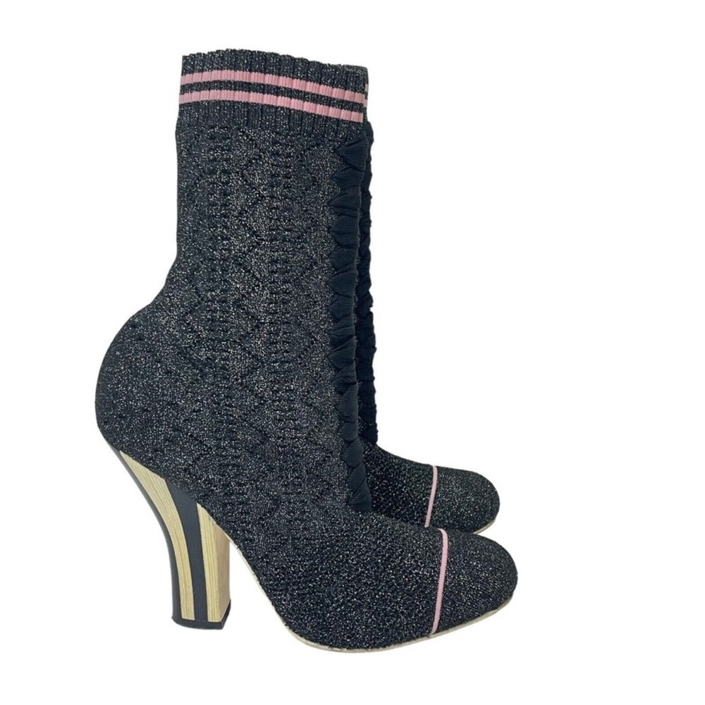 Fendi Rockoko Metallic Knit Ankle Bootie Sock Boots Black US 6.5 EU 37 Sparkle